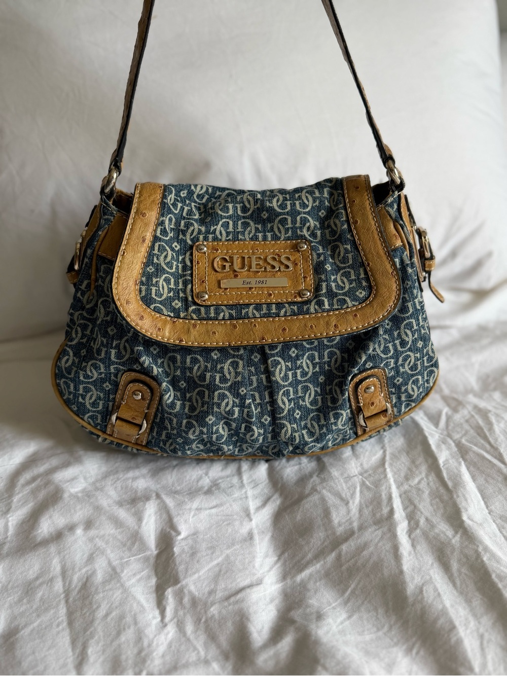RARE True Y2K GUESS Denim Croc Hobo Flap Purse Bag Monogram Blue Tan Shoulder